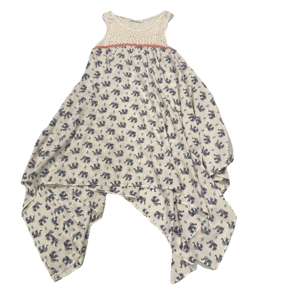 White And Blue Lace Top Lightweight Elephant Print Dress Size S